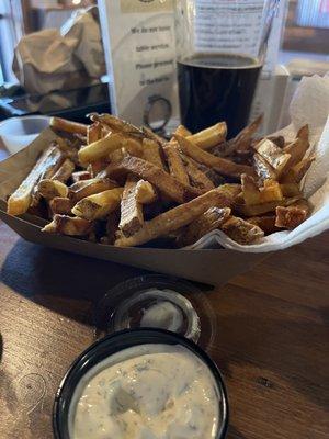 Fries with ranch, and a porter