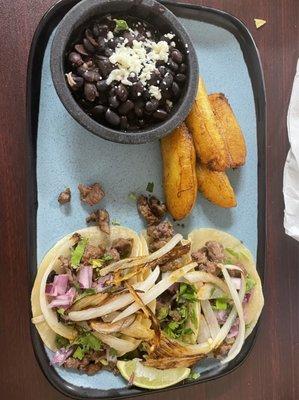 Steak 3 Street Tacos Platter, fried plantains, Black Beans