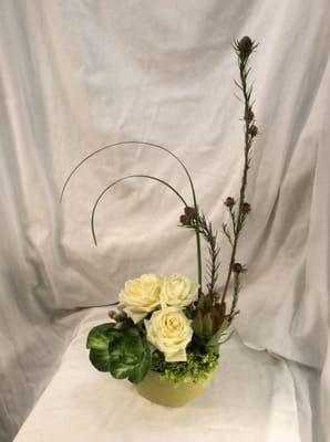 Peaceful Garden Greeting. White Roses framed with Unique botanical material.