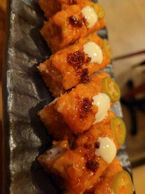 Close up of crispy rice with spicy salmon. Delicious