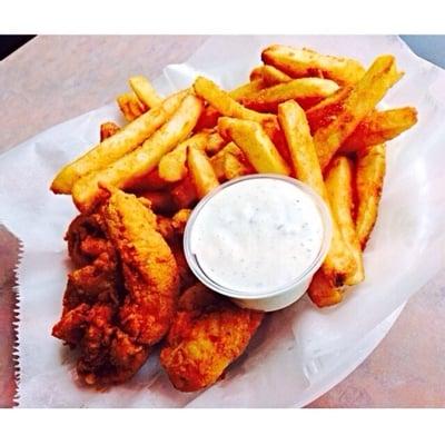 Their chicken tenders and fries. I take their homemade blue cheese on the side;they also offer homemade honey mustard, bbq, etc.