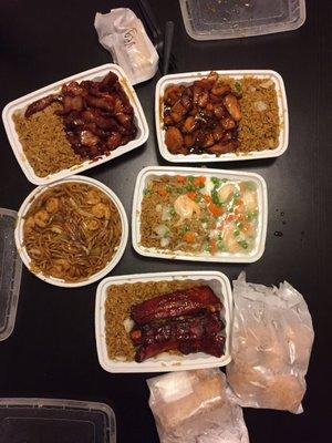 Spare ribs, burbling chicken, shrimp lomein, shrimp and lobster sauce and bbq ribs dinner platter