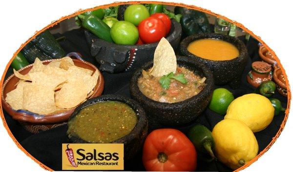 Some our our fresh spicy salsas: showing Molcajete, Verde (green) and Mango salsa