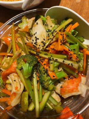 Celery, carrots, broccoli, imitation crab stir fried in garlic (produce from Aldi)