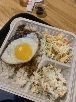 loco moco plate with macaroni salad and pineapple coleslaw