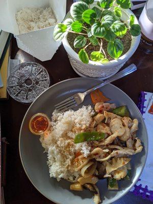 Szechsuan chicken and white rice with side of their homemade hot sauce.