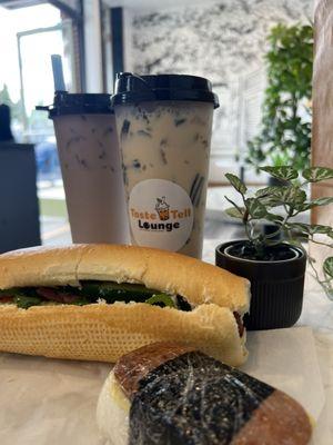 Bánh Mì, Spam Mushubi, taro boba, Jasmine milk tea with grass jelly