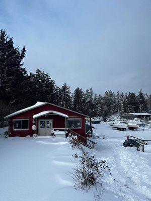 View from the driveway down to our shop on a wintery day.