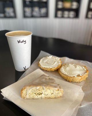 Vanilla latte, lemon, poppyseed scone, and an Asiago bagel...