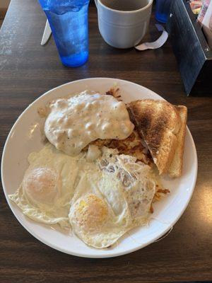 Country fried steak and eggs platter