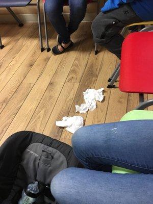 The receptionist we're made aware of this nasty contaminated tissues and did absolutely nothing! We have to walk over this!