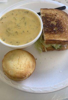 Veggie melt, broccoli cheddar soup, cornbread muffin