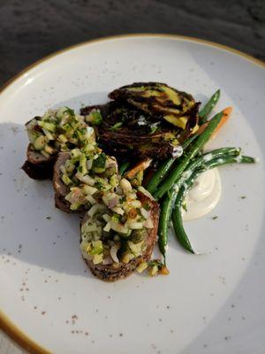 Pork Tenderloin- Potato Galette, Apple Cucumber Relish with Walnuts and Capers, Chili Oil, Garlic, Shallots, Haricots Verts, Baby Carrots, D