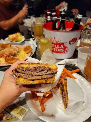 Patty melt with sweet potato fries