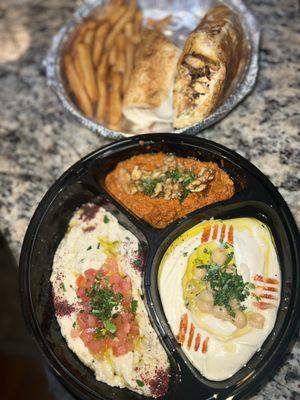 The dip sample with the humus, babaganouj and mhamara is my fav. I also got a chicken shawarma sandwich which was delish!