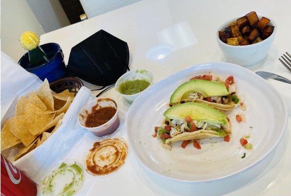 chicken tacos (3 of them) with sweet potato & chips