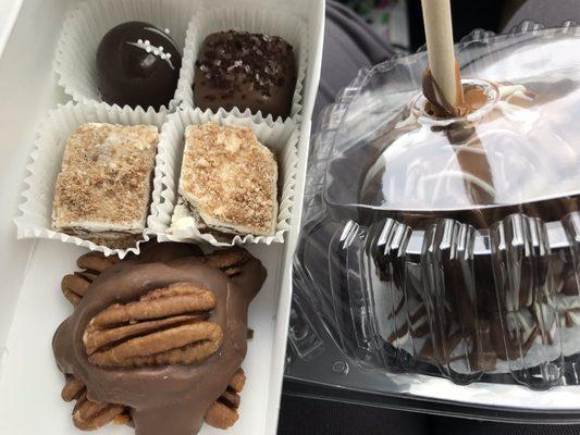 Truffles, caramel, chocolate turtle, and a caramel apple. Fresh and delicious!