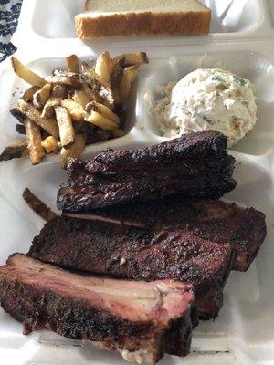 3 rib plate $9. 2 sides - potato salad & fries. Ribs were awesome. Fries awesome - made fresh. Poto Salad too much Mayo