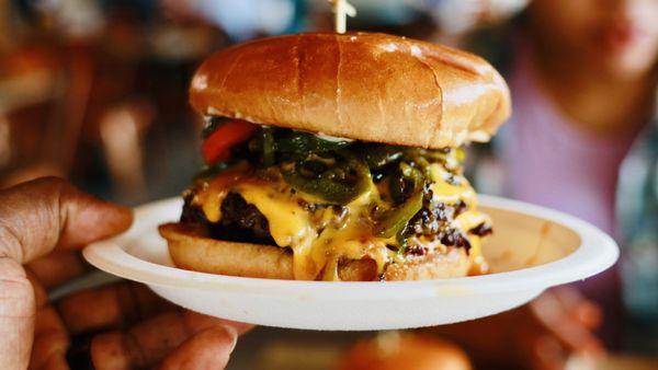 Classic Double Cheeseburger with cheddar, japs, mayo, tomato and pickles. (Burger was not seasoned at all lacked flavor )