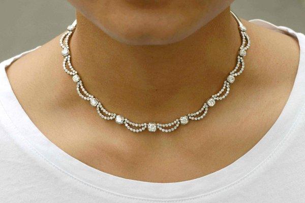 5 Carat Diamond Art Deco Waterfall Necklace Scalloped Bib Design Snake Chain Platinum Vintage Estate Jewelry Heirloom 15 Inches Long