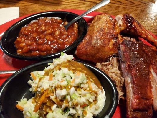 Sonny's Sampler - ribs, chicken, brisket, pork, slaw,  and beans