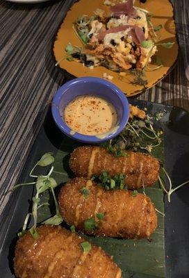 Smoked Chicken Arepas and Sweet Potato Croquettas