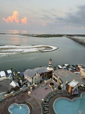 Overview of location from our balcony.  It's the restaurant with the lighthouse.