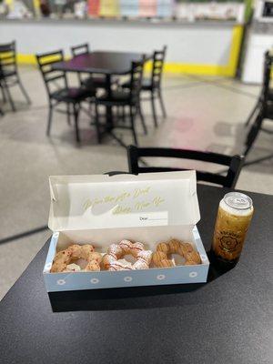 peach, funnel cake, churro mochi donuts + brown sugar boba