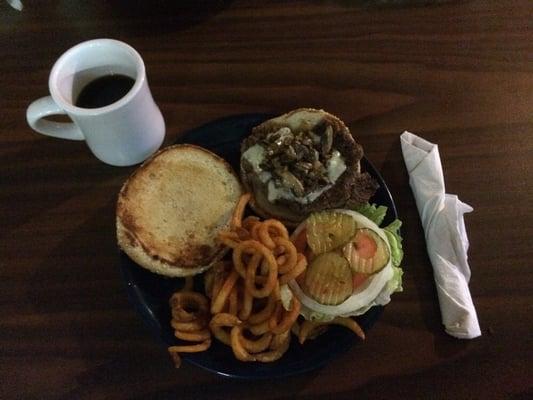 Depot Burger with Grilled Onions & Mushrooms and Curly Fries.