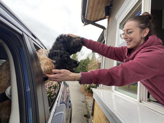 Puppers being greeted like family!