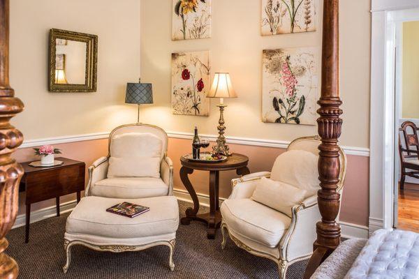 Sitting area of The Penelope Barker Suite. This suite is located close to the guest kitchen and steps from the Grand Front Porch.