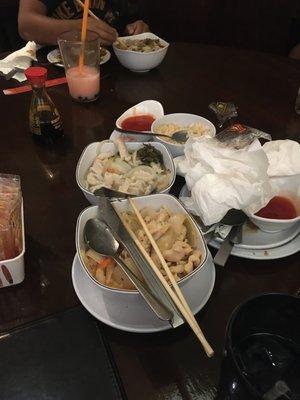 Two bowls of Ramen and Thai Red Curry with questionable meats.  Don't eat here.