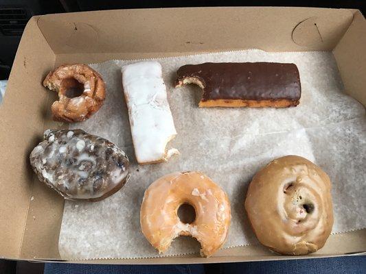 Old fashioned glaze, blueberry fritter, vanilla and chocolate long John, caramel glazed cinnamon roll.