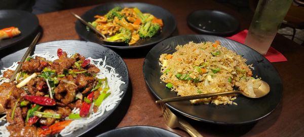 Veggie Fried Rice, Broccoli Chicken, Spicy Beef