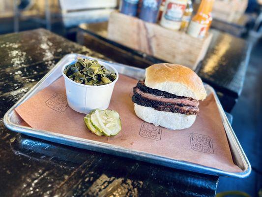 Beef Brisket Sandwich and Collard Greens