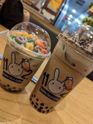 Wonderland Milk tea (Fruit loops, cream cheese foam, oolong tea, boba) and Plant Pot Milktea (boba, black-earl grey tea, cream cheese foam,)