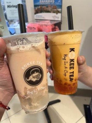 Strawberry Milk Tea with crystal boba and coconut jelly  Thai Tea Milky with crystal boba and strawberry boba