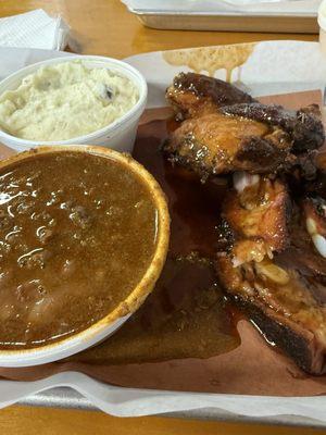 Rib & chicken plate with potato salad and chili beans