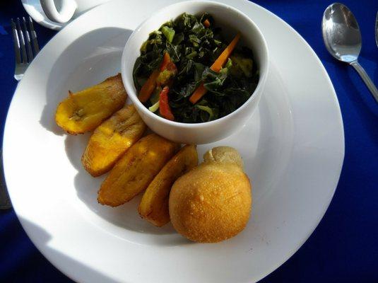 Fried Plantain, fried Dumpling and Callaloo (Jamaican Greens)