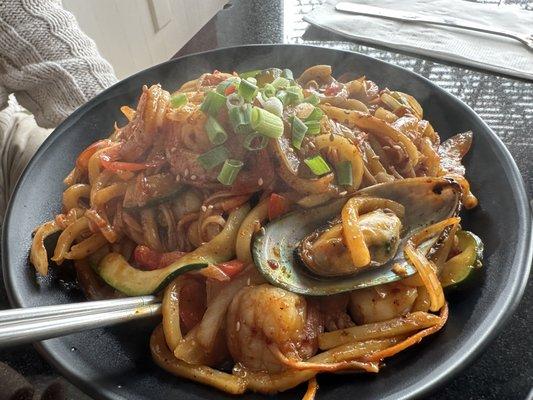 Seafood udon stir fry