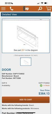 EAP asking price for the microwave door $364.13 vs ABW's asking price of $627.59