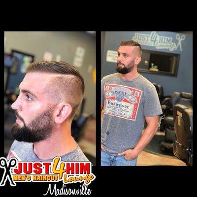 Fresh fade, straight razor beard line up, and straight razor hard part