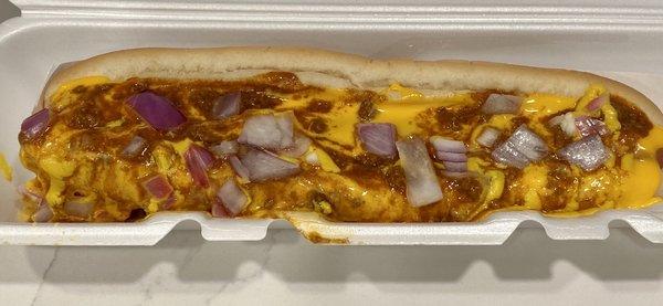 Foot long chili cheese dog.