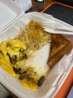 Omelet-Philly Cheesesteak, Hashbrowns and Texas toast.