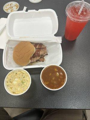 Brisket Sandwich Potato Salad BBQ Baked Beans fruit punch