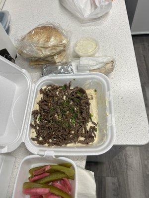 Hummus with Meat Salad,  Chicken Shawarma, extra Pita Chips