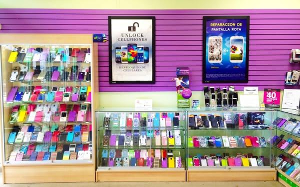 The displays filled with phone cases inside the store.