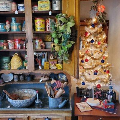 Lg Amount of Vintage Tins on Two Piece Zinc Lined Dry Sink & Cabinet. Great Vintage Addition to add Country Charm.