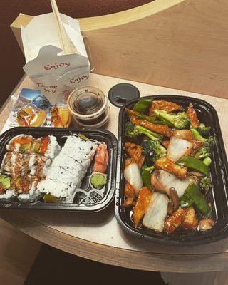 Black bean tofu and a yam tempura Yam Roll and a Vegetable Roll