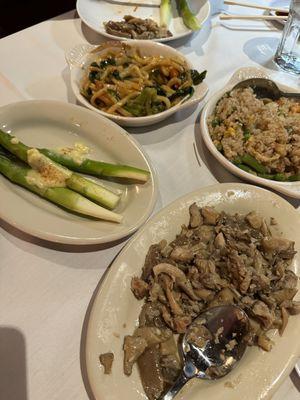 asparagus, udon noodles, mushrooms, & fried rice